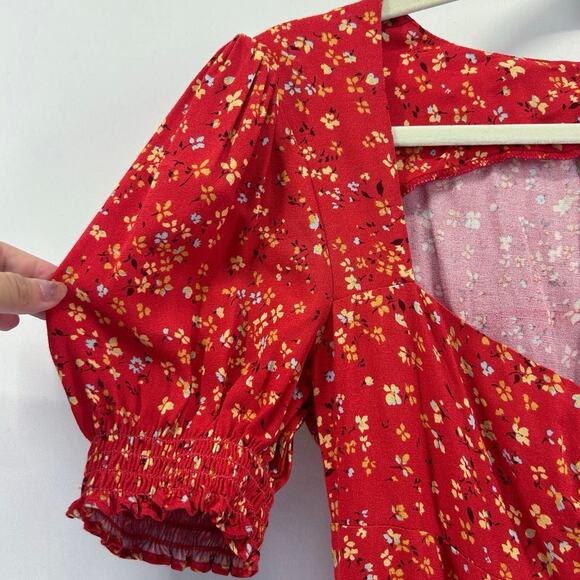 Reformation Lacey Dress Red Floral Midi Puff Sleeve Sweetheart Neck Size 10 - Picture 7 of 9
